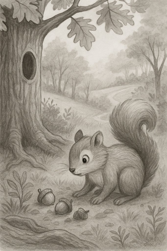 Sophie the Squirrel examining acorns under Whisper the Great Oak